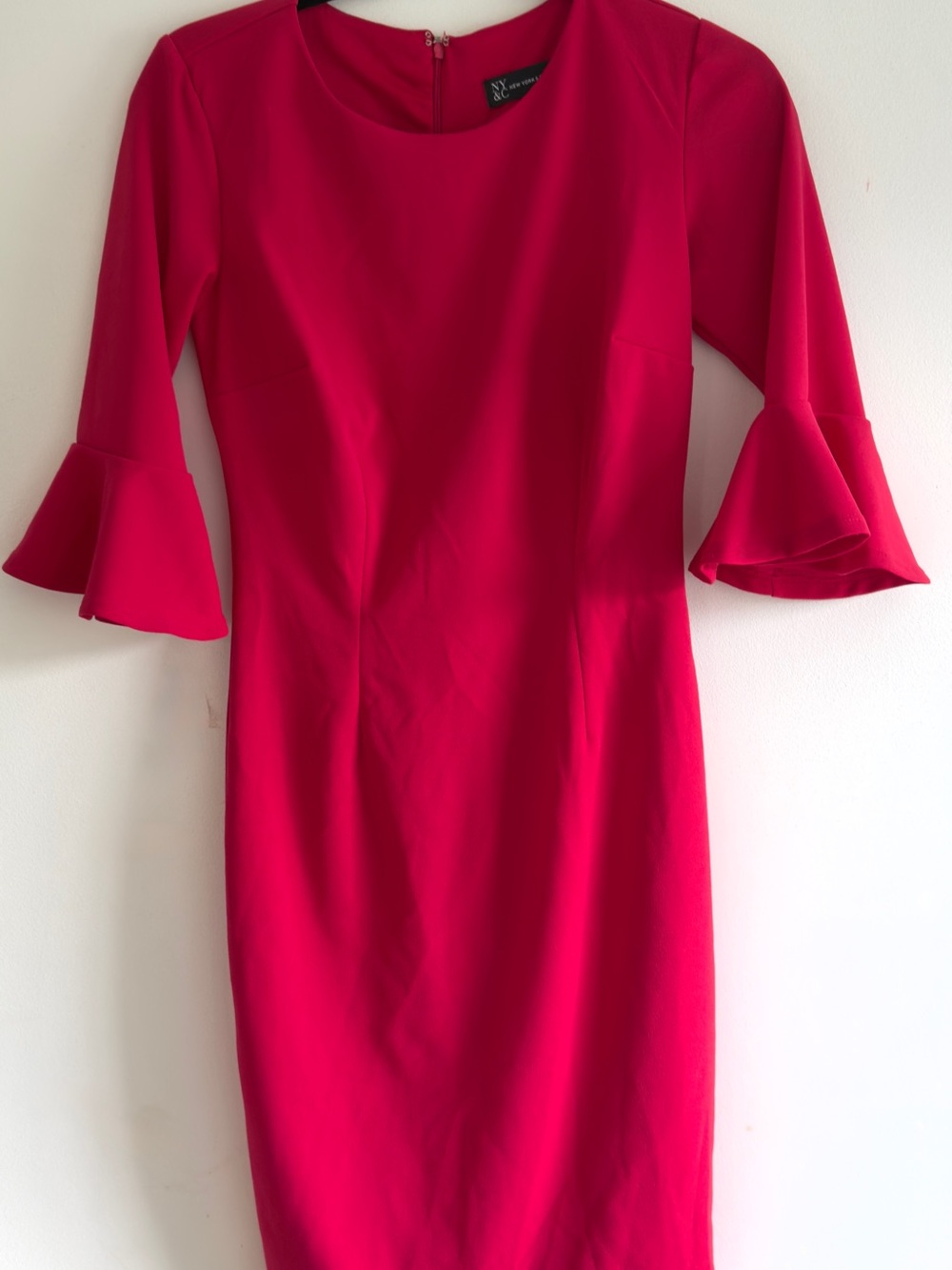 New York & Company Bright Fuchsia Midi Sheath Dress with Ruffled Sleeves